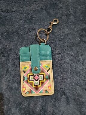 Montana West Teal and Cream Embroidered Card Holder Keychain